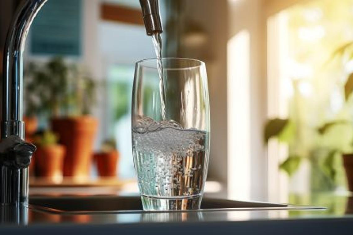 A household tap with running water.
