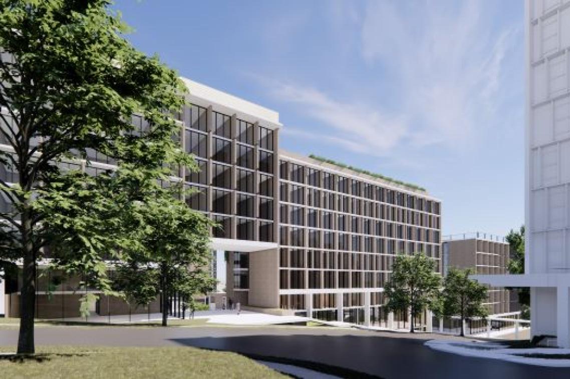 A rendering of a multi story building with many windows, there is grass and a tree in front of it.