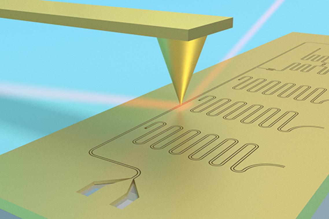 Schematic of a superconducting circuit [thin black lines] on a silicon chip [yellow base], being imaged using terahertz scanning near-field microscopy [red beam focused into yellow tip].