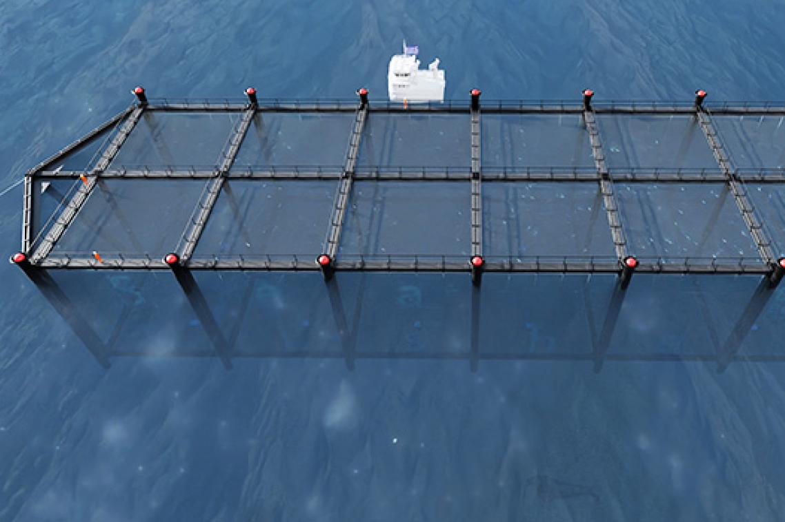 a render of a black rectangular shape floating in blue water with a small white boat adjacent to it