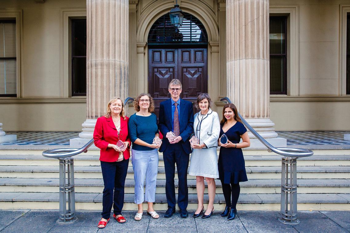 (L-R) Ms Inge Matt, Dr Barbara Maenhaut, Associate Professor Tim McIntyre, Dr Chris Landorf, Ms Rhea Jain