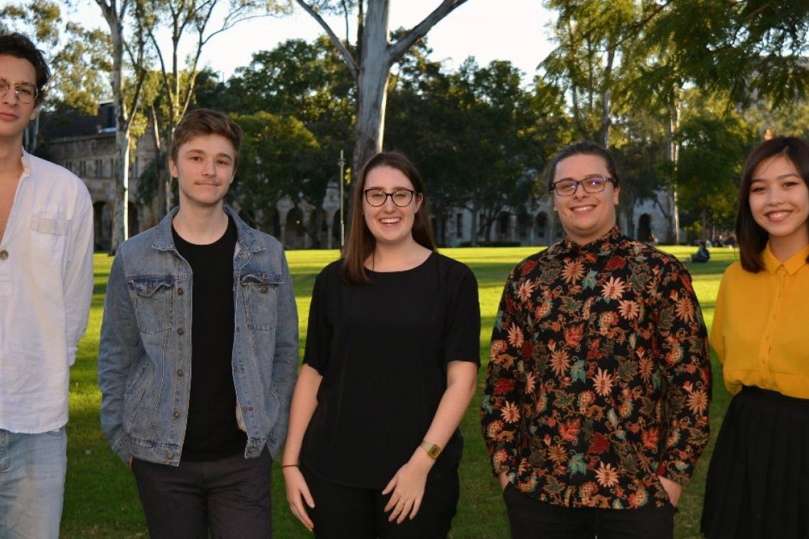 UQ Westpac Asian Exchange Scholarship recipients, from left, David Nyeste, Vincent Singer, Sunny van der Berg, Lachlan Walters and Hai Xia Wang-Pole.