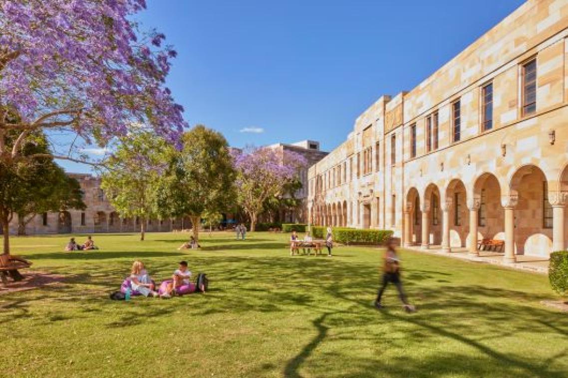 People sitting on a lawn under a jacaranda tree with sandstone buildings behind them. 