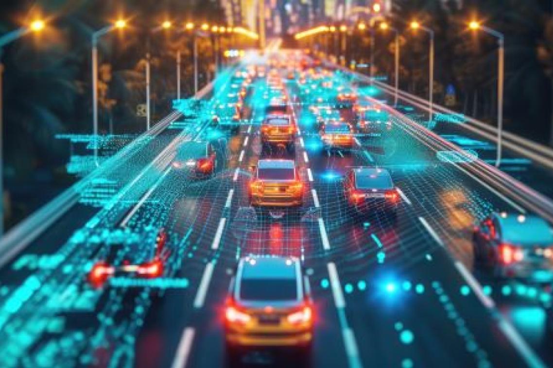An AI overlay of traffic direction and movement as cars zoom on a freeway at dusk.