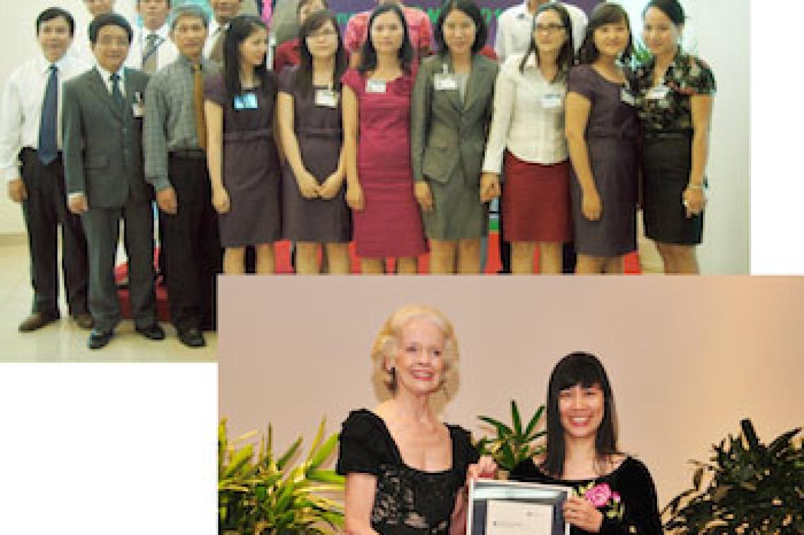 Her Excellency Ms Quentin Bryce AC with staff at the University of Danang-University of Queensland English Language Institute (UD-UQ ELI) (top) and presenting Dr Pham Thi Hong Nhung an Australian Government Endeavour Executive Award during her visit to Vietnam in May 2011.