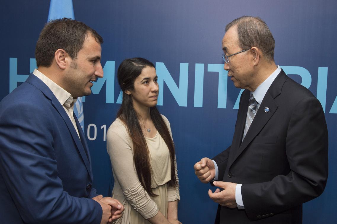 Image: Nadia Murad and Yazda deputy executive director Ahmed Khudida Burjus (left), met UN Secretary General Ban Ki-moon in December 2015 after Ms Murad spoke at the UN Security Council’s first-ever session on human trafficking in armed conflict.