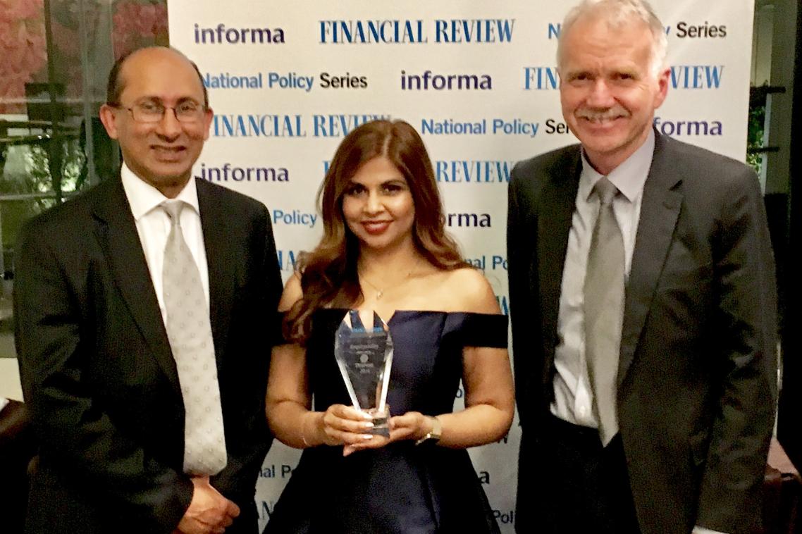 Pictured from left to right: UQ Chancellor Peter Varghese AO, BEL SET Director Rhea Jain and UQ Provost Professor Aidan Byrne.