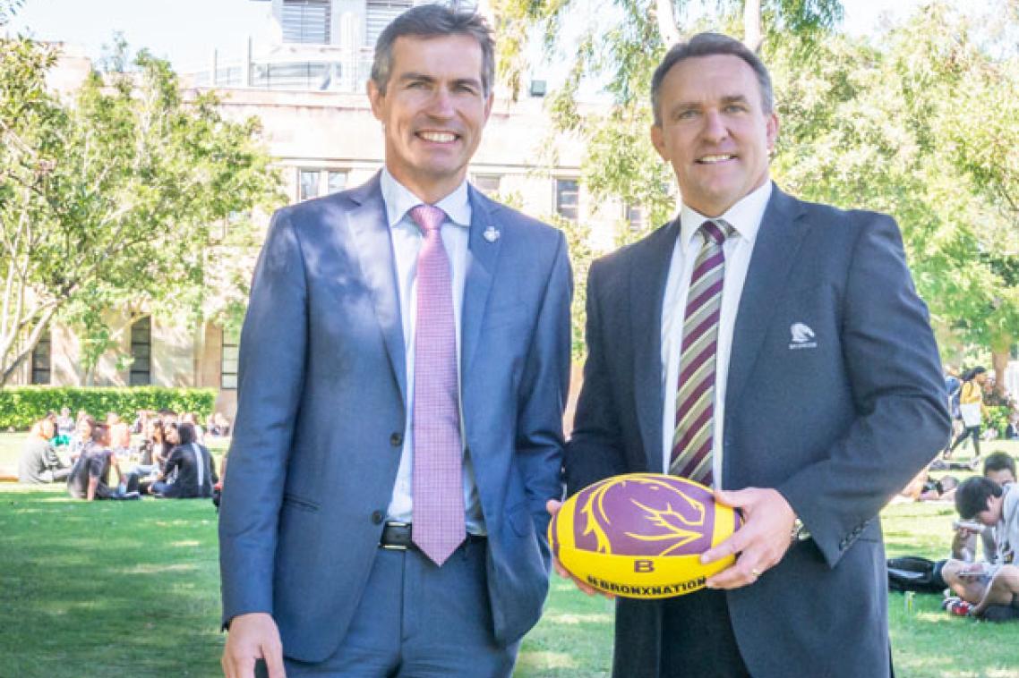 UQ Vice-Chancellor and President Professor Peter Høj and Brisbane Broncos CEO Paul White celebrate the new partnership.