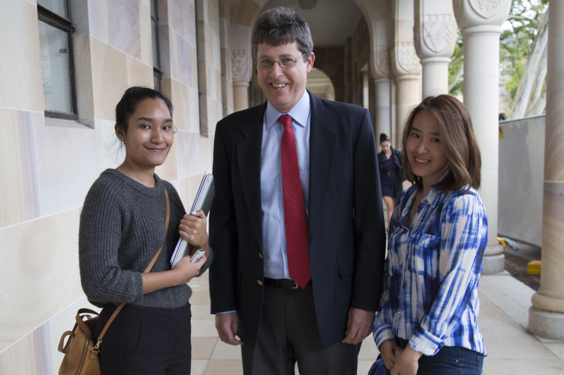 Third year psychology students from Universitas Indonesia, Nihal Kaur and Amanda Soengadie and Professor Bruce Abernethy