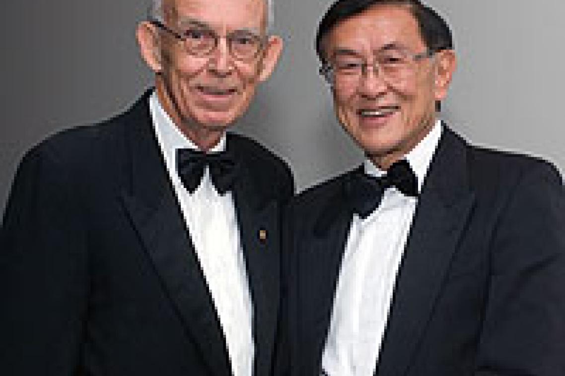 One-time classmates and longtime friends Sir Llew Edwards and Nat Yuen were reunited at UQ on the weekend. (Pic Lyle Radford)