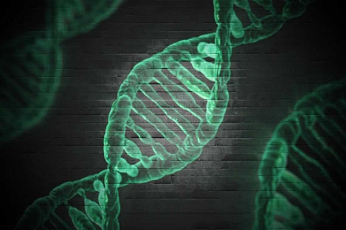 A strand of DNA is illuminated against a black backdrop
