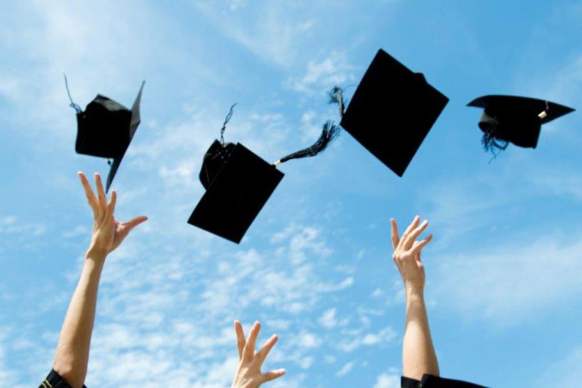 Graduates throwing trencher caps. 