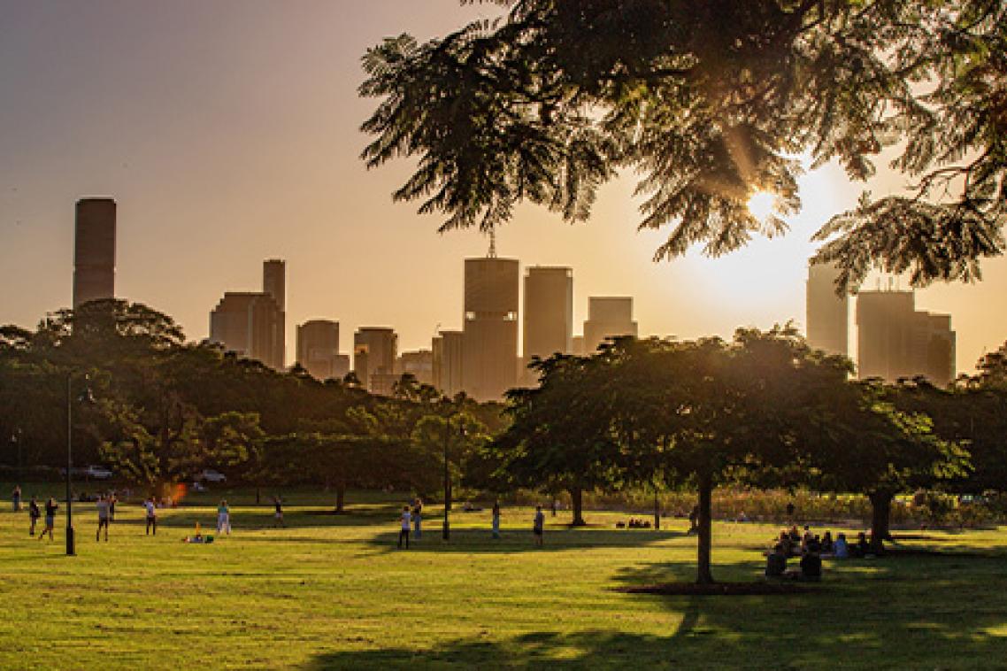 People in New Farm Park in the late afternoon sun with the Brisbane urban skyline in the background.