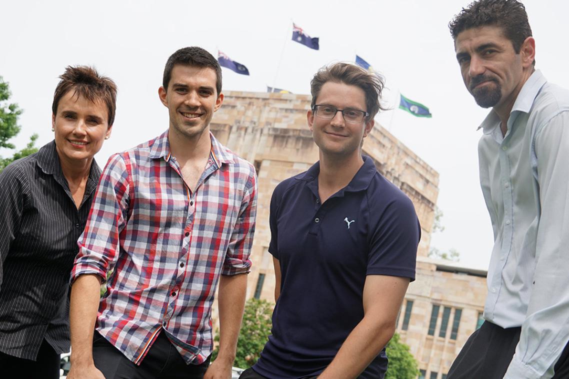 Marina Vitale of CIM Health, UQ students Trent Seth and Antoine Desrosiers, and Tim Edwards of Teys Australia