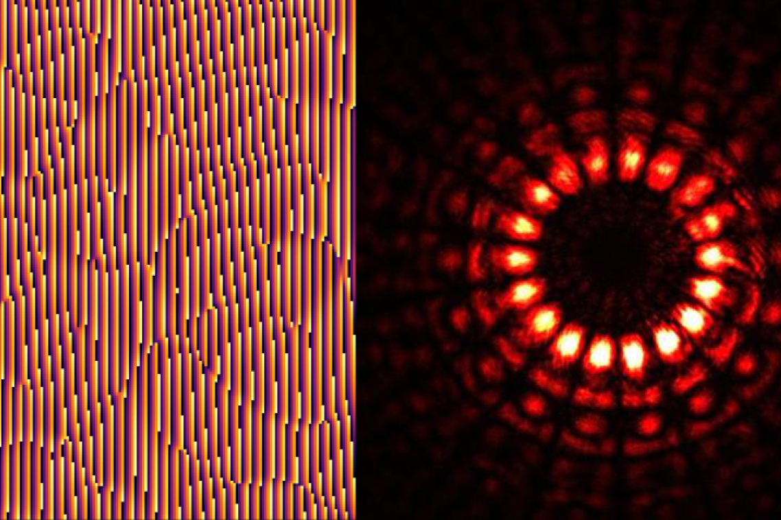 Hologram encoding a quvigint (left), such as that photographed during the experiment (right). Image credit: Markus Rambach