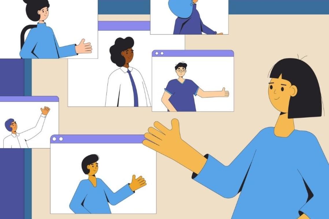 Illustration of an online video conference with a diverse group of professionals.