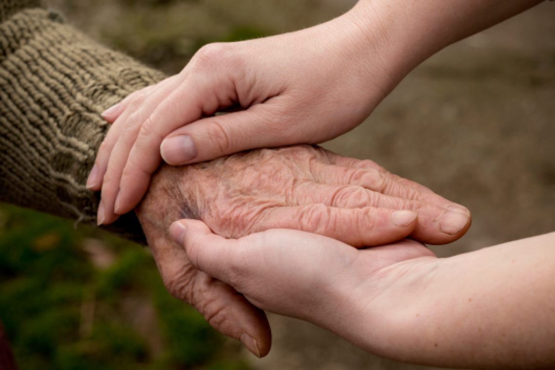 Elderly hand holding a youthful hand with greenery background