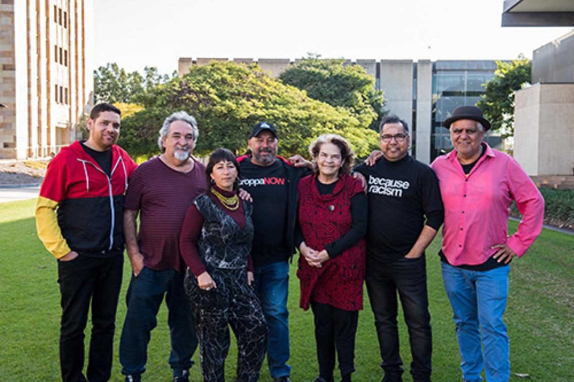 Tony Albert, Laurie Nilsen, Megan Cope, Gordon Hookey, Jennifer Herd, Vernon Ah Kee, and Richard Bell. Photo: Lewis James Media, 2019.
