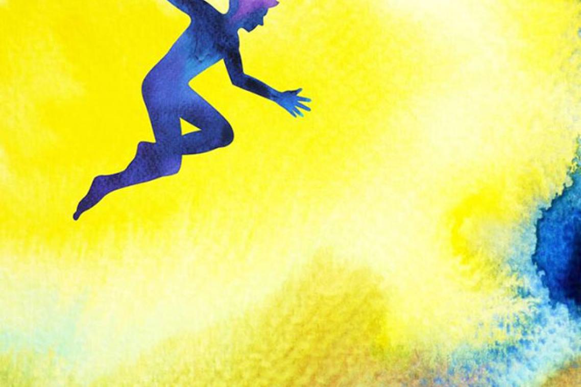 graphic of a blue coloured person leaping through yellow air