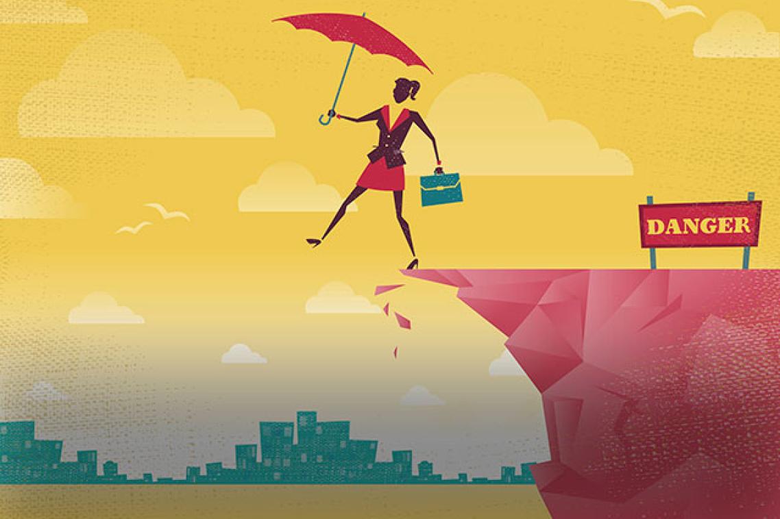 Illustration of a woman in a business suit walking of a cliff