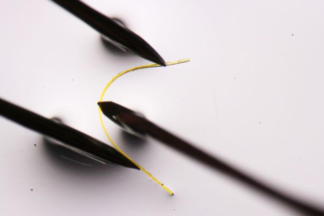 a fine yellow filament is bent between three black points