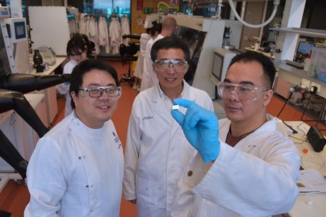 Examining the small but mighty solar cell technology set to revolutionise photovoltaics after another world-record efficiency breakthrough are (from left) Dr Peng Chen, Professor Lianzhou Wang and Dr Dongxu He.