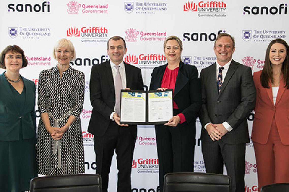 Griffith University Vice-Chancellor Professor Carolyn Evans, UQ Vice-Chancellor Deborah Terry, Sanofi's Dr Jean-Francois Toussaint, Premier Annastacia Palasczcuk, Deputy Premier Steven Miles, and Minister for Science Meaghan Scanlon