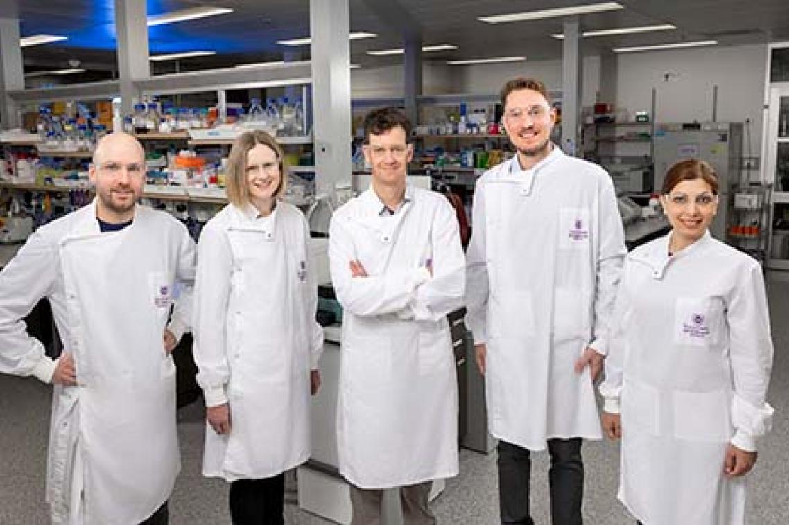Five scientists wearing UQ-branded lab coats in a laboratory. They are lined up in a row and smiling.