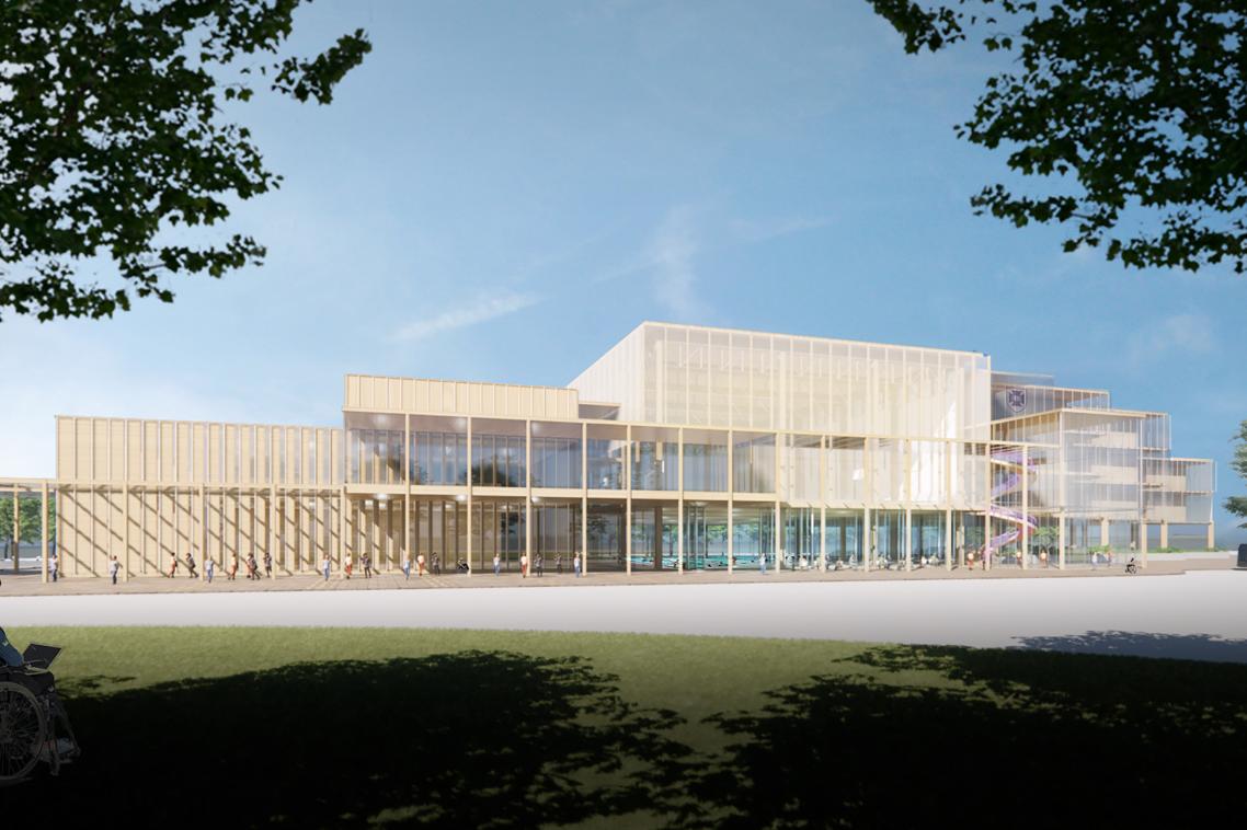 An artist's impression of a rectangular, cream building. 